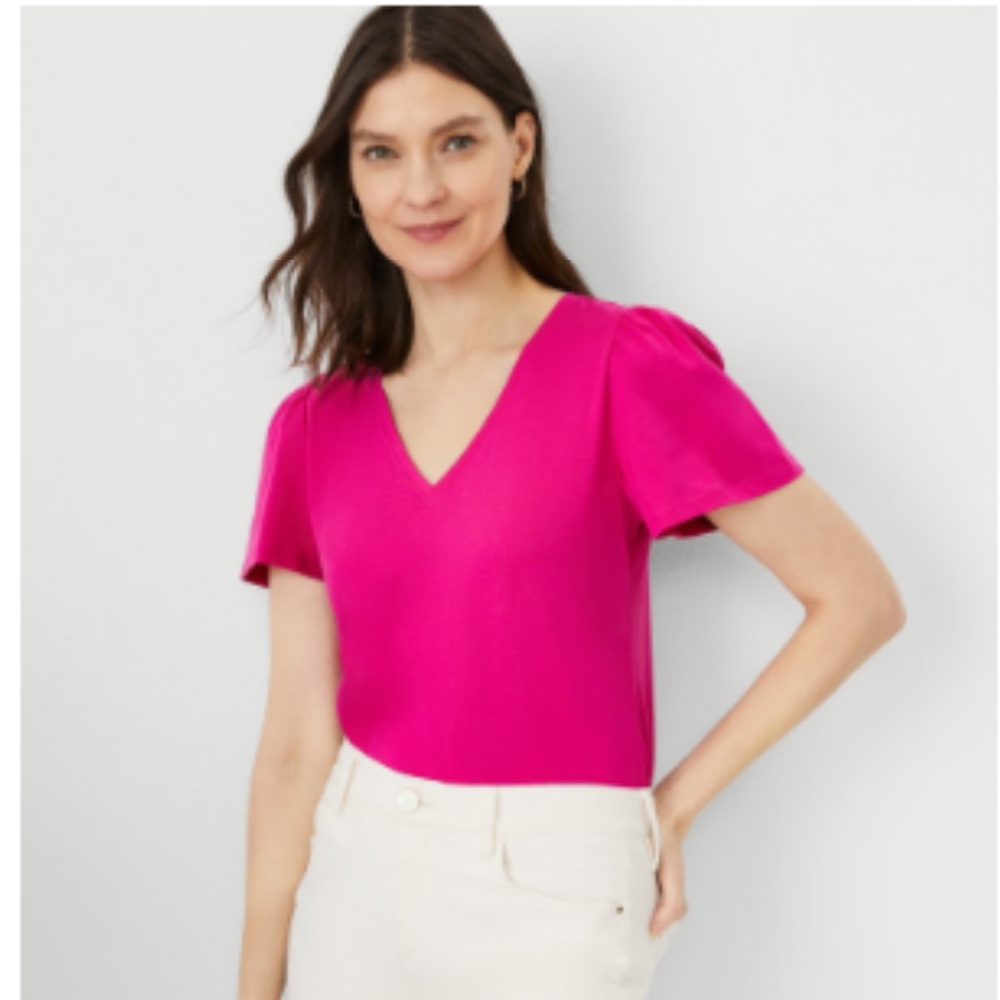 Barbie Pink Ann Taylor Flutter Sleeve Pima Cotton Top